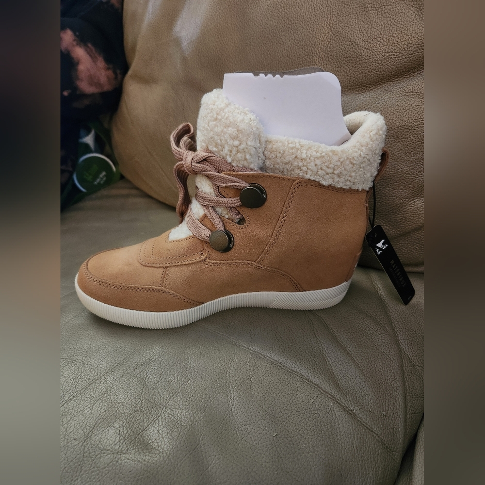 Sorel Tan Suede Wedge Booties with Cream Shearling Trim - Picture 2 of 5